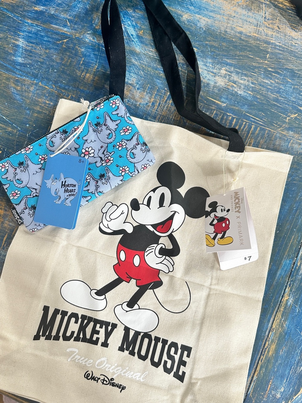 Dr. Seuss Blue Horton Pouch with Cream Tote and Black Handles